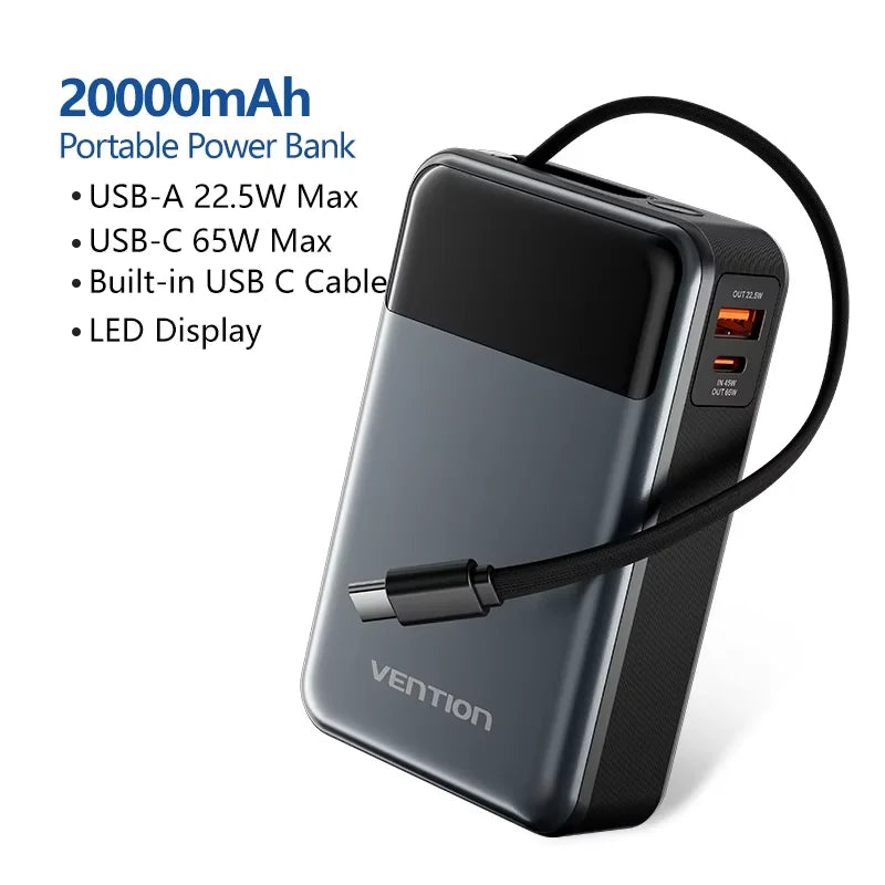 Vention 65W Portable Power Bank 20000mAh PD Fast Charging with Built-in USB Type-C Cable for Laptops iPhone 16 15 14 13 Pro Max