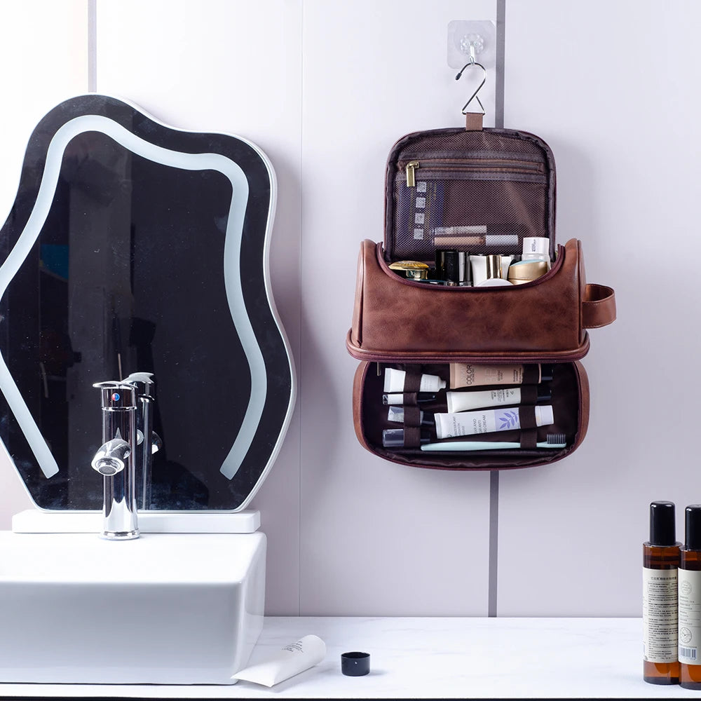 Toiletry Bag, Mens Leather Travel Organizer Kit with hanging hook, Large Water-resistant Toiletries Bathroom Shaving Bags
