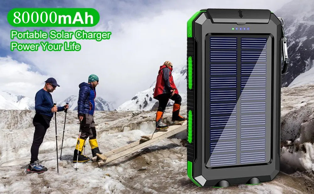 Solar Power Bank 80000mAh Portable Charging Poverbank External Battery Charger Strong Light LDE Light for All Smartphones