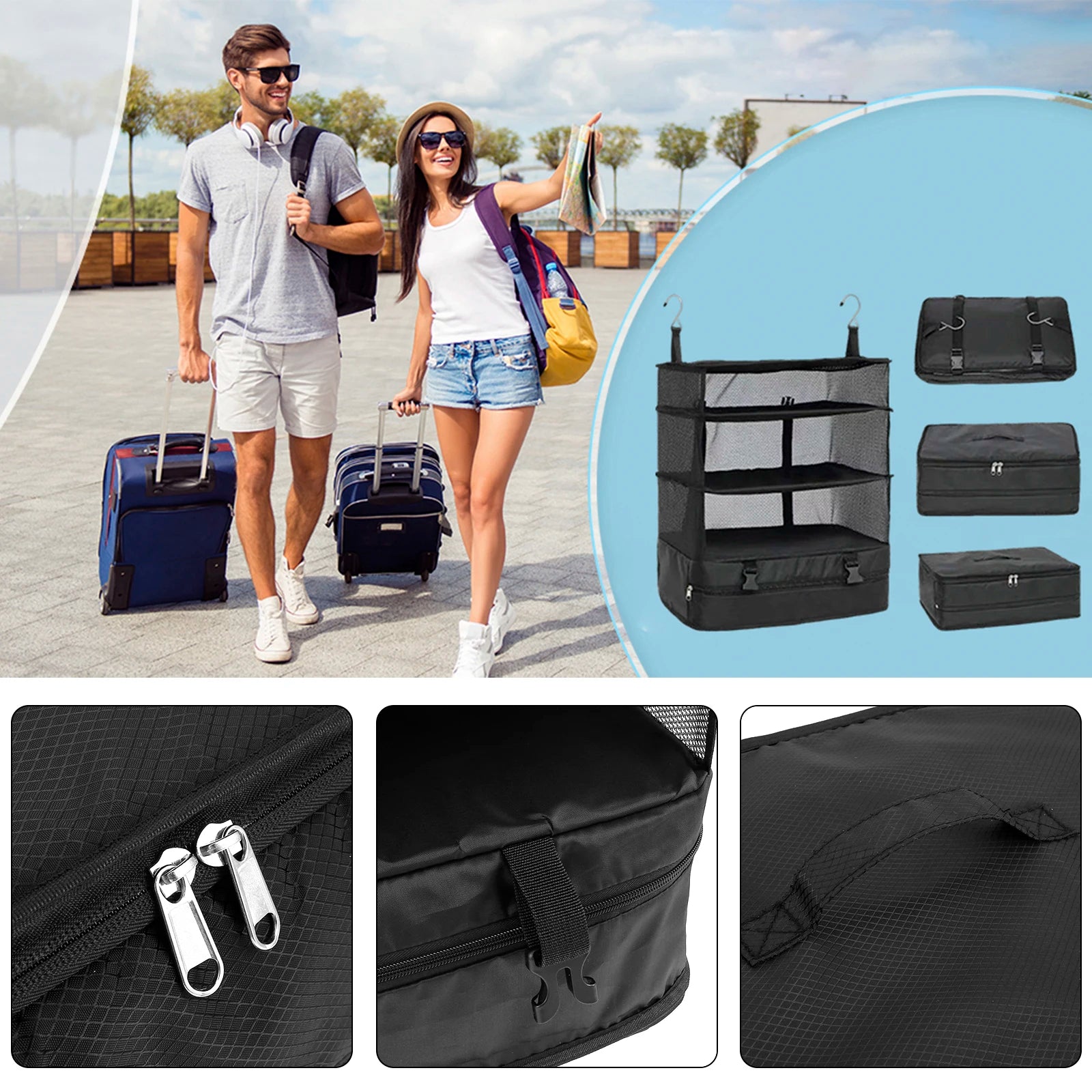 Travel Luggage Organizer Portable Travel Shelves Bag 3-Shelf Suitcase Packing Cube Collapsible Hanging Closet Storage Bag Space