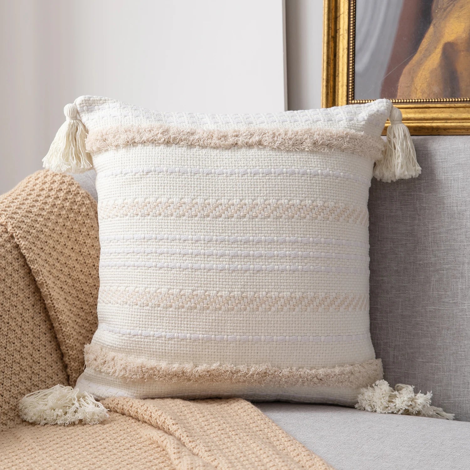 Battilo Boho Throw Pillow Cover Tufted Pillow Case with Tassels Neutral Woven Cushion Cover for Sofa Bed Living Room Home Decor