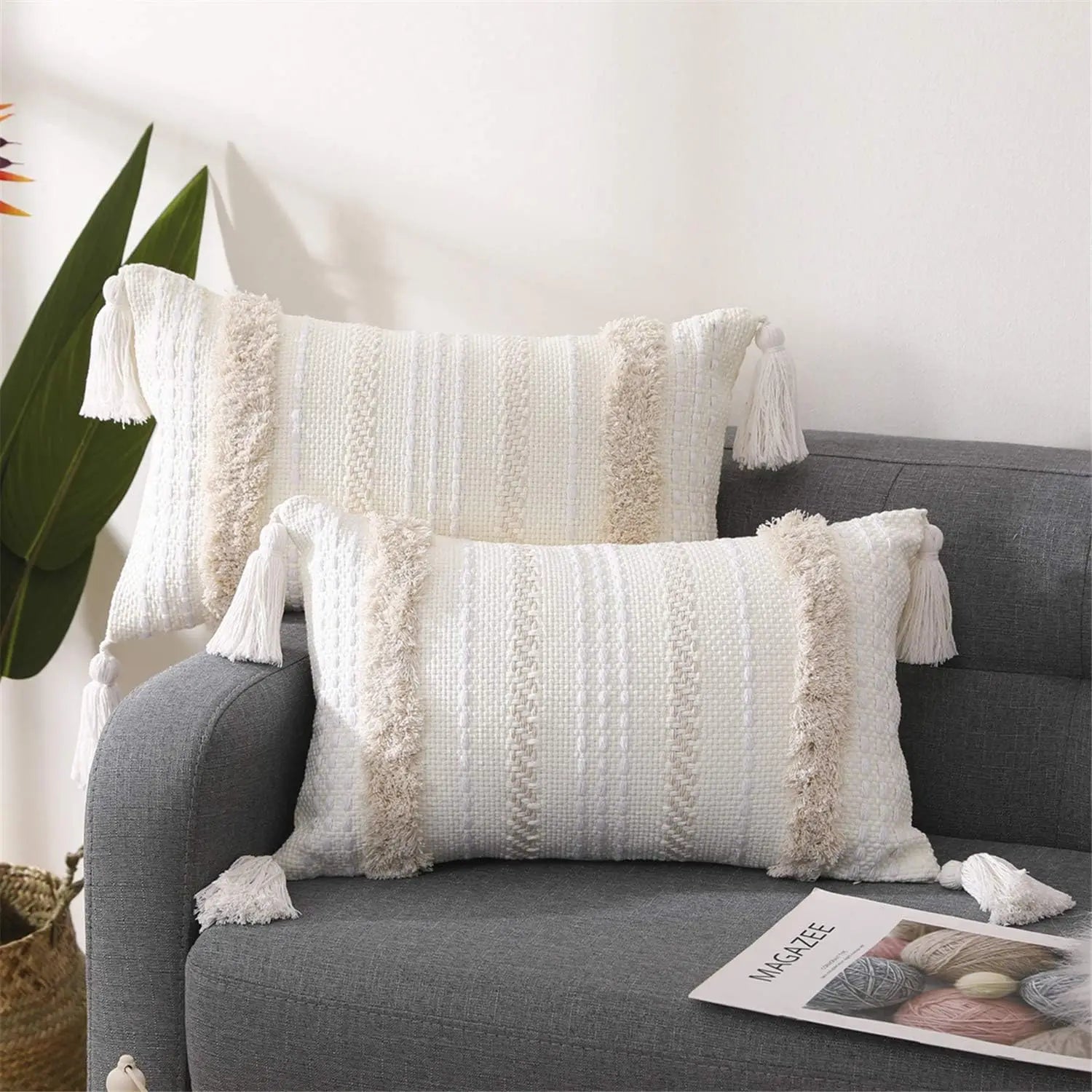 Battilo Boho Throw Pillow Cover Tufted Pillow Case with Tassels Neutral Woven Cushion Cover for Sofa Bed Living Room Home Decor