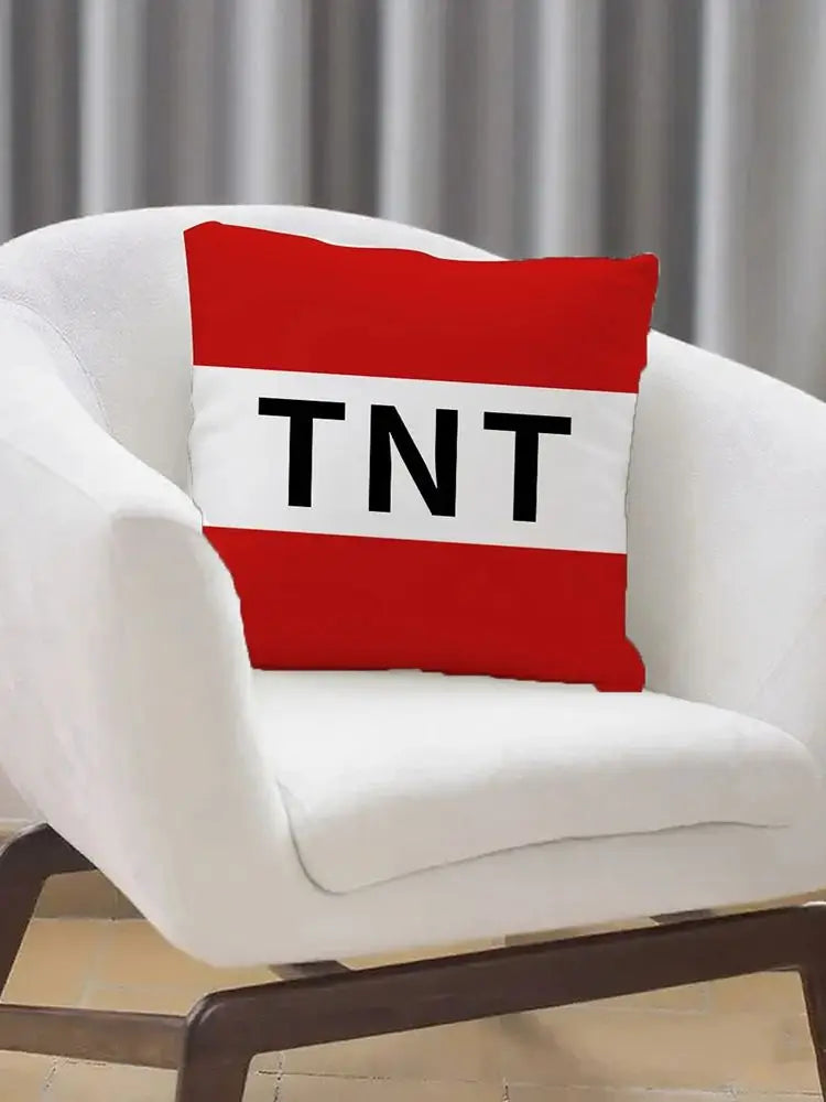 1Pc  TNT Decorative Throw Pillow - Red & White Striped Modern Cushion Cover with Bold Black Letters, Zipper Closure for Living R