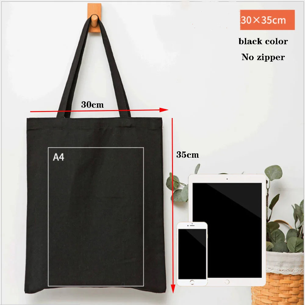 Foldable Canvas Cotton Grocery Handbag Portable Fabric Tote Bag Cloth Organizer Shopping Bag with Storage Features Black Color