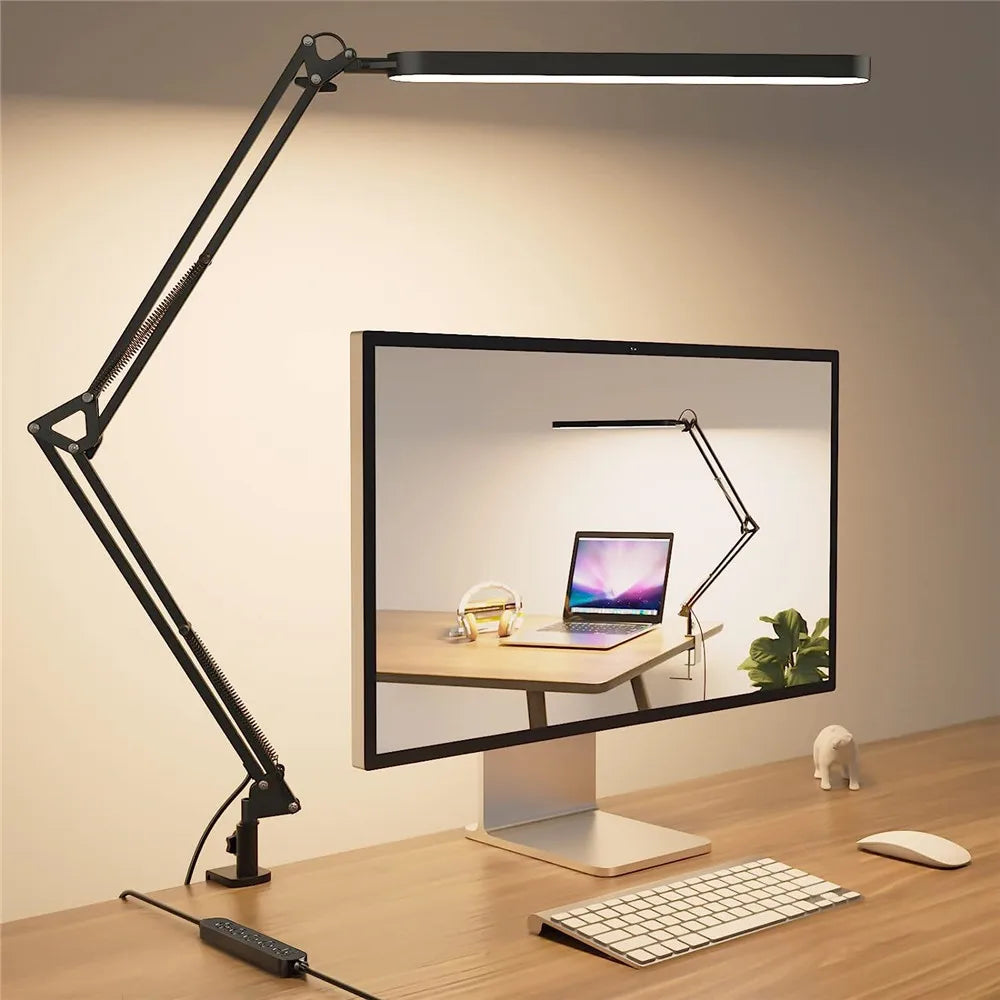 LED Desk Lamp 14W Eye-Caring Metal Swing Arm Desk Light with Clamp 3 Color Dimmable Table Light for Reading and Study Task Lamp