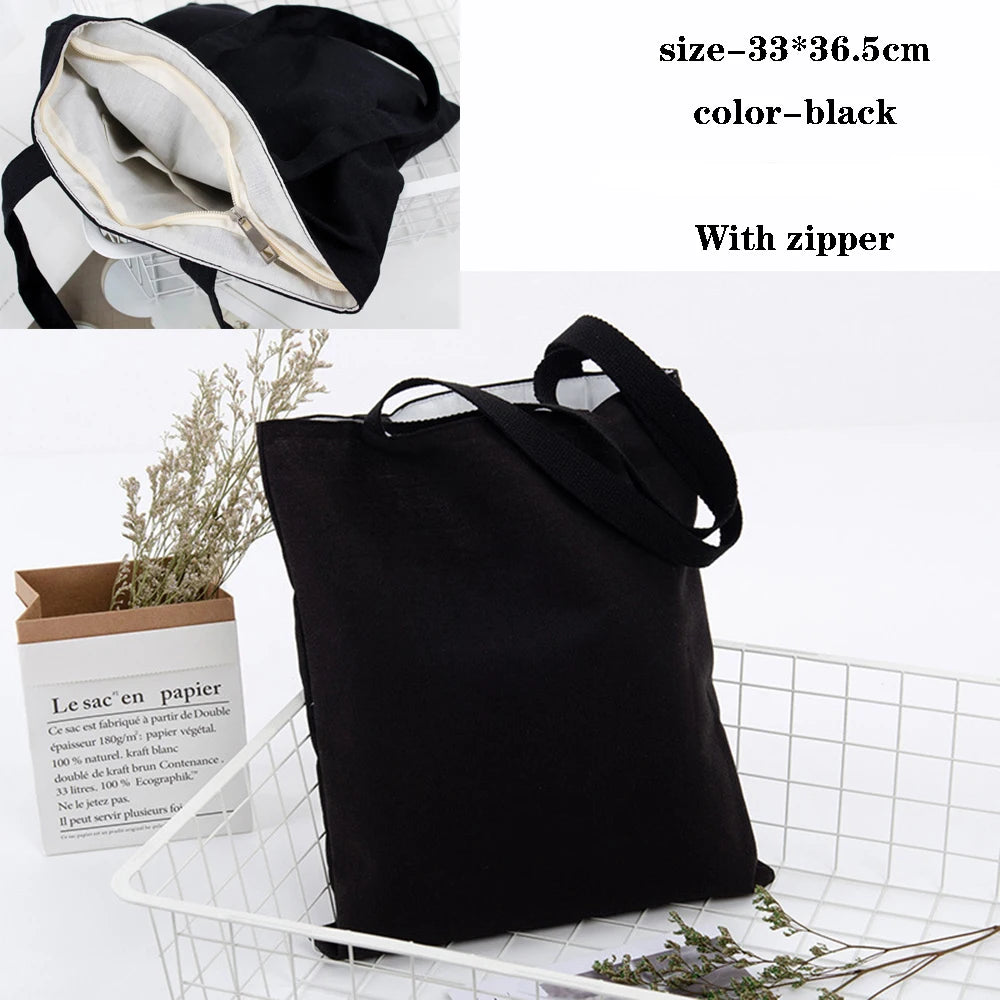 Foldable Canvas Cotton Grocery Handbag Portable Fabric Tote Bag Cloth Organizer Shopping Bag with Storage Features Black Color