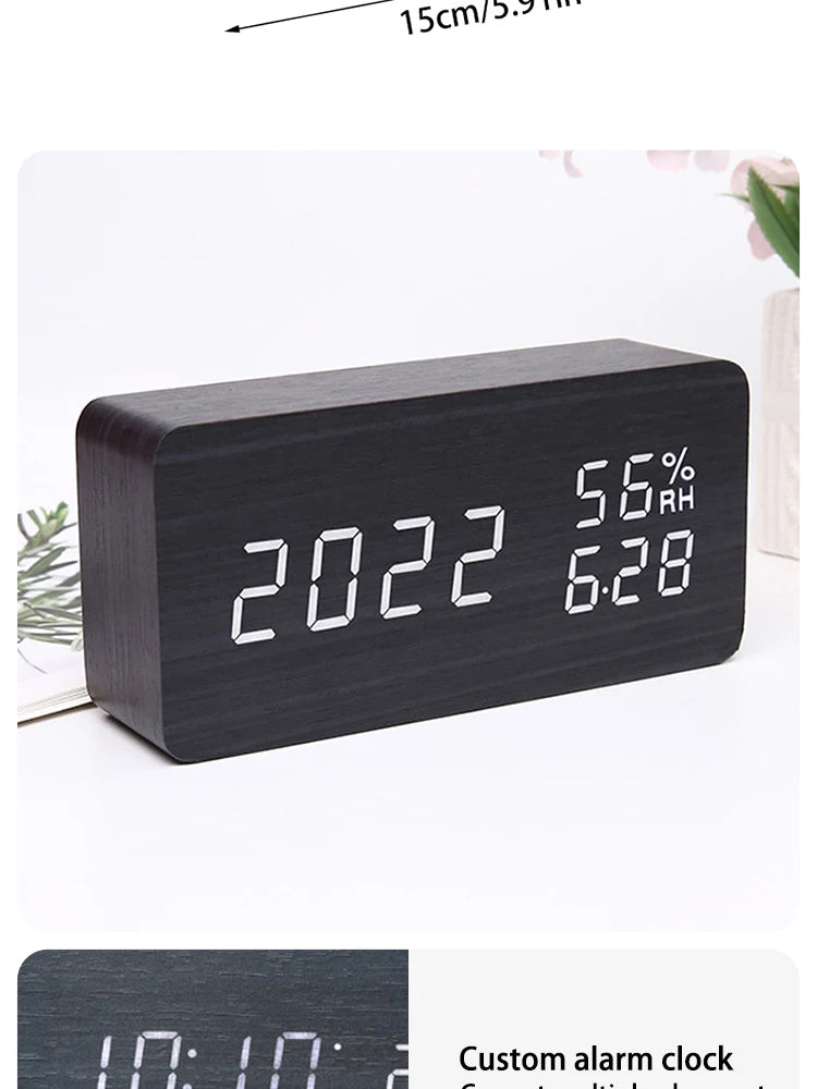 Digital LED Wooden Alarm Clock, Desk Clock, Voice Activated, Electronic Desktop Clock, Luminous Silent Alarm Clock