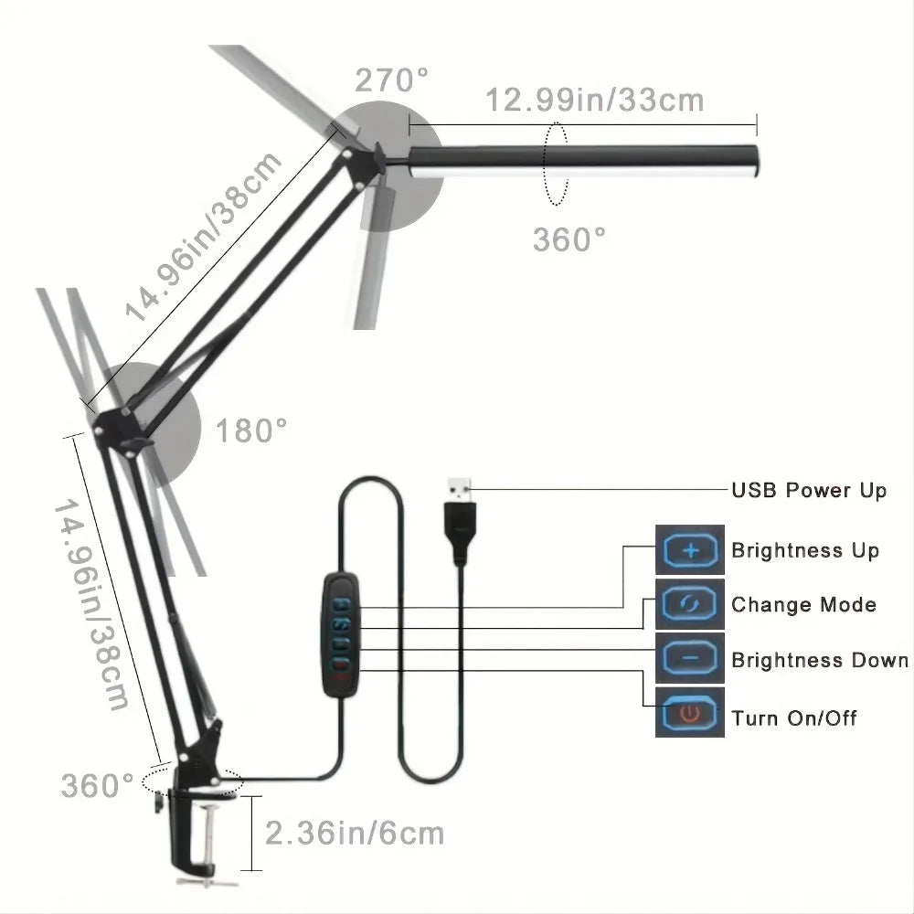 LED Desk Lamp for Home,Reading,Adjustable Eye-Caring Desk Light with Clamp, 3 Color Modes,10 Brightness Table Lamps