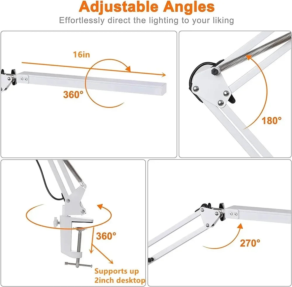 LED Desk Lamp 14W Eye-Caring Metal Swing Arm Desk Light with Clamp 3 Color Dimmable Table Light for Reading and Study Task Lamp