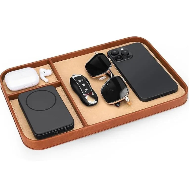 Leather Bedside Table Storage Tray - European Minimalist Desktop Tray for Phones, Watches & Miscellaneous Items