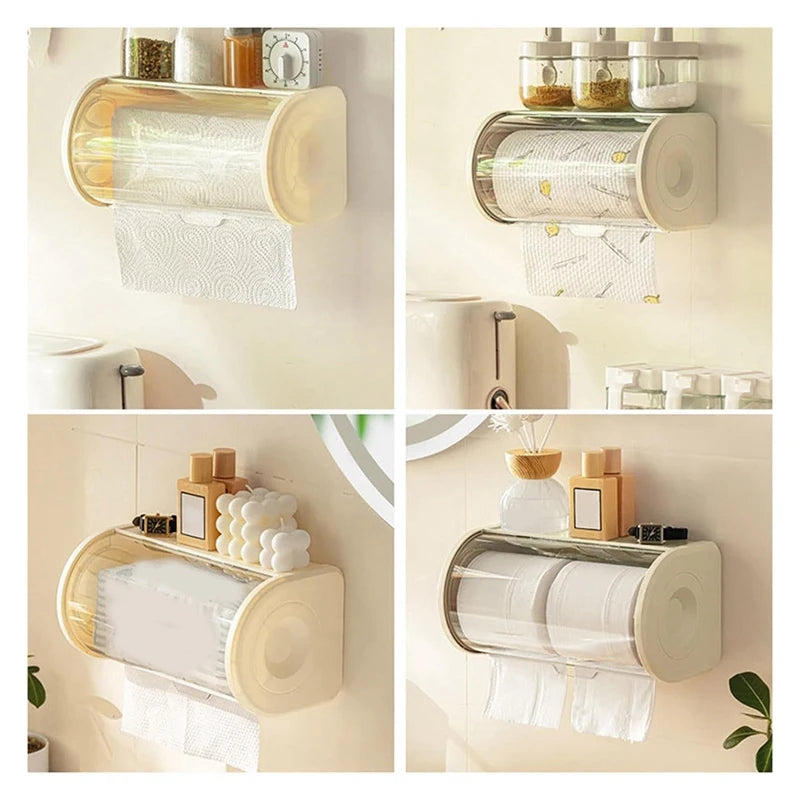 Bathroom Paper Towel Organizer Large Roll Wall Mount Holder With Clear Dustproof Cover Modern Tissue Dispenser Storage
