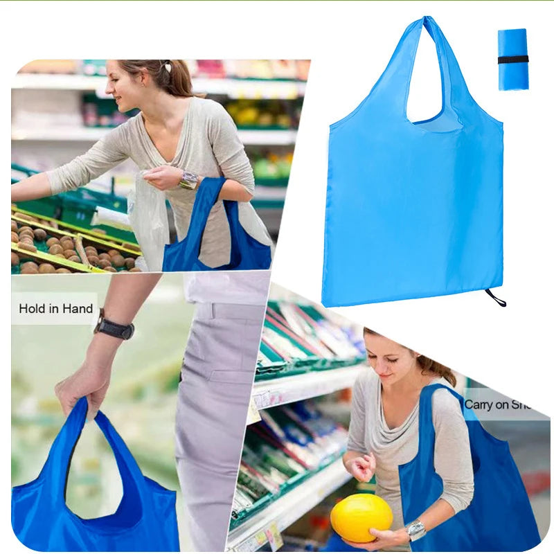 Foldable Shopping Bag Reusable Travel Grocery Bag Eco-Friendly One Shoulder Handbag for Travel Solid Color Supermarket Tote Bag