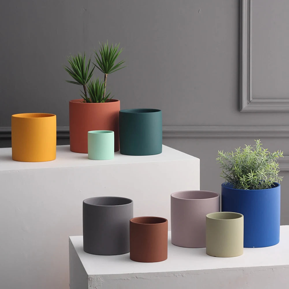 Nordic Ceramic Plant Pot with Tray Colorful Cylinder Succulent Pot Small Planter Flowerpot with Drain Hole Cactus Herb Container