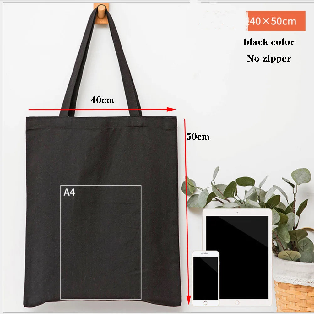 Foldable Canvas Cotton Grocery Handbag Portable Fabric Tote Bag Cloth Organizer Shopping Bag with Storage Features Black Color