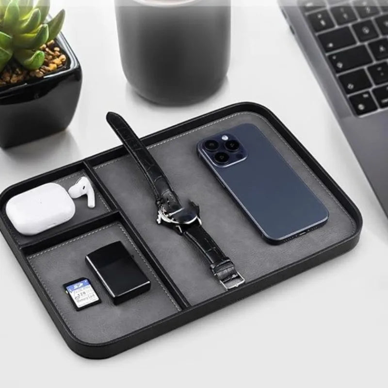 Leather Bedside Table Storage Tray - European Minimalist Desktop Tray for Phones, Watches & Miscellaneous Items