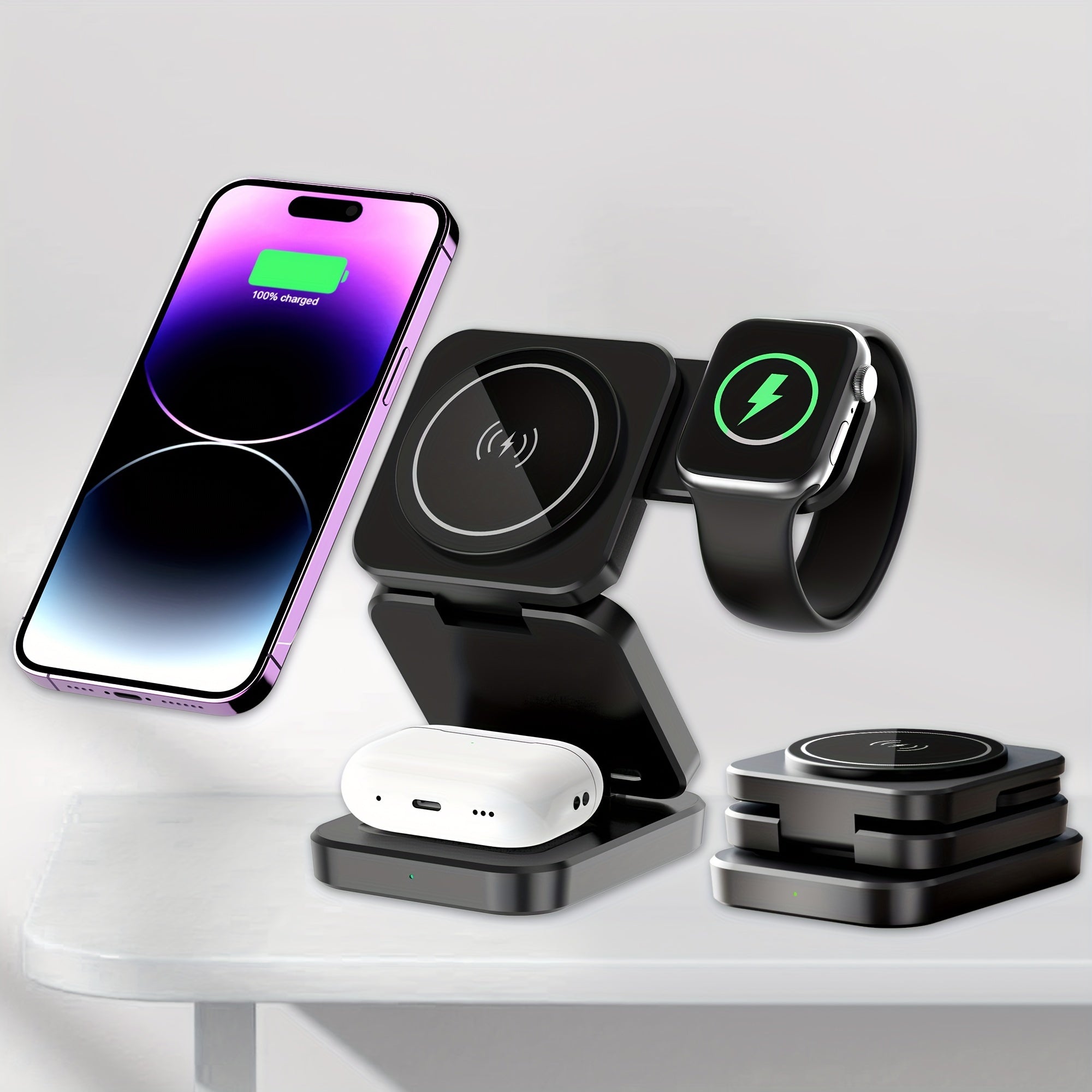 3 in 1 Wireless Charger, Foldable Mag-Safe Magnetic Charging Station Dock, Fast Travel Wireless Charging Pad  for iPhone 15/14/13/12/11/Pro/Max/Mini/XR/XS/X/8, for iWatch 9/8/7/6/5/4/3/2/SE/SE2/Ultra/Ultra2, for AirPods 2/3/P