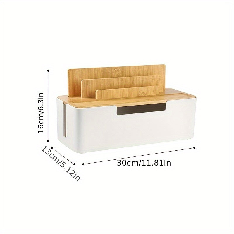 1pc Multi-Functional Cable Organizer Box with Lid - Desktop Cord Management for Power Strips, Chargers, and Data Cables - Bamboo & Plastic Construction, Storage Bins for Home Organization
