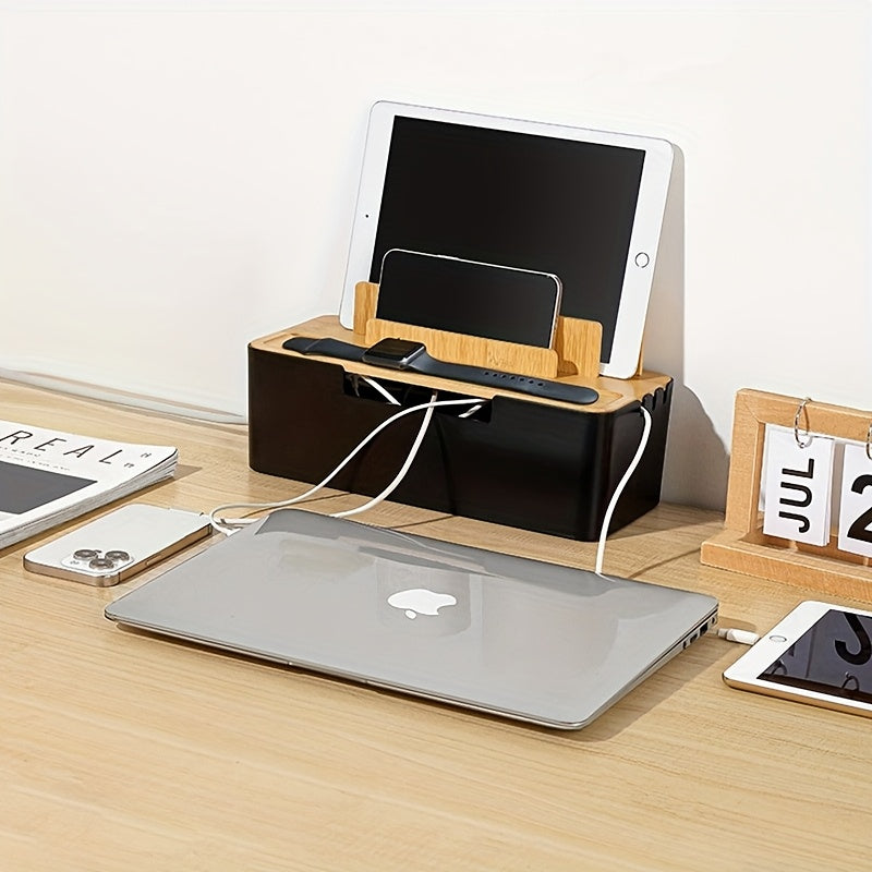 1pc Multi-Functional Cable Organizer Box with Lid - Desktop Cord Management for Power Strips, Chargers, and Data Cables - Bamboo & Plastic Construction, Storage Bins for Home Organization