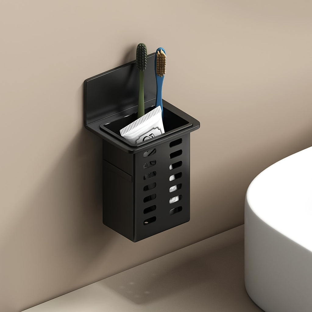 No-Drill, Space-Saving Black Wall-Mounted Bathroom Organizer - Mold-Resistant Plastic Storage Basket for Cosmetics & Shower Essentials