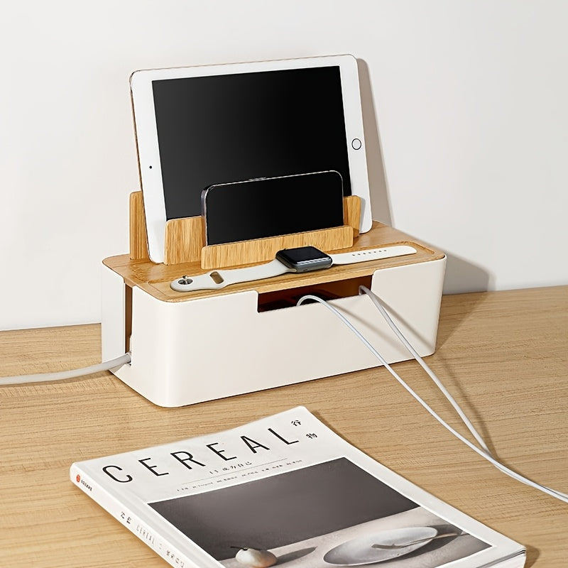 1pc Multi-Functional Cable Organizer Box with Lid - Desktop Cord Management for Power Strips, Chargers, and Data Cables - Bamboo & Plastic Construction, Storage Bins for Home Organization